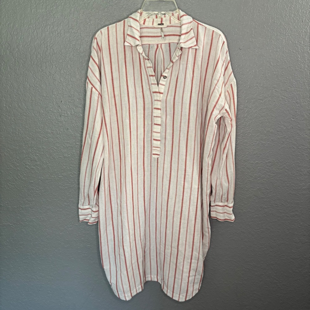 Free People Medium Pencil Stripe‎ Night Shirt Gown Cotton Cottage Minimal Lagen